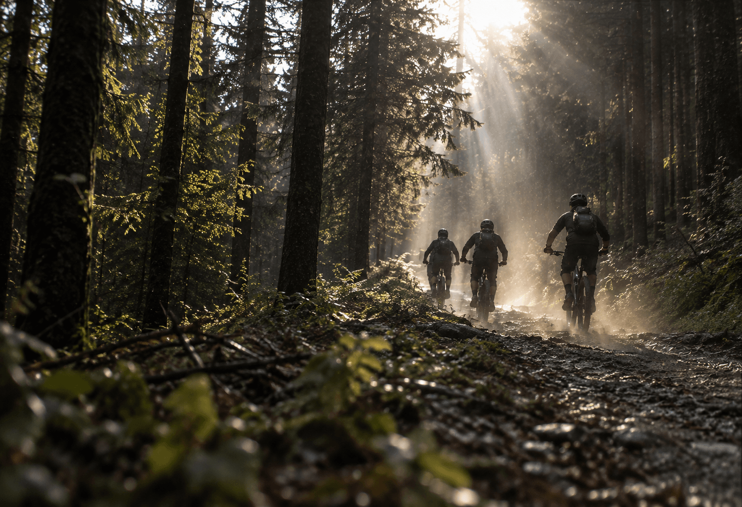 Three mountain bikers climbing a forest trail through shafts of sunlight