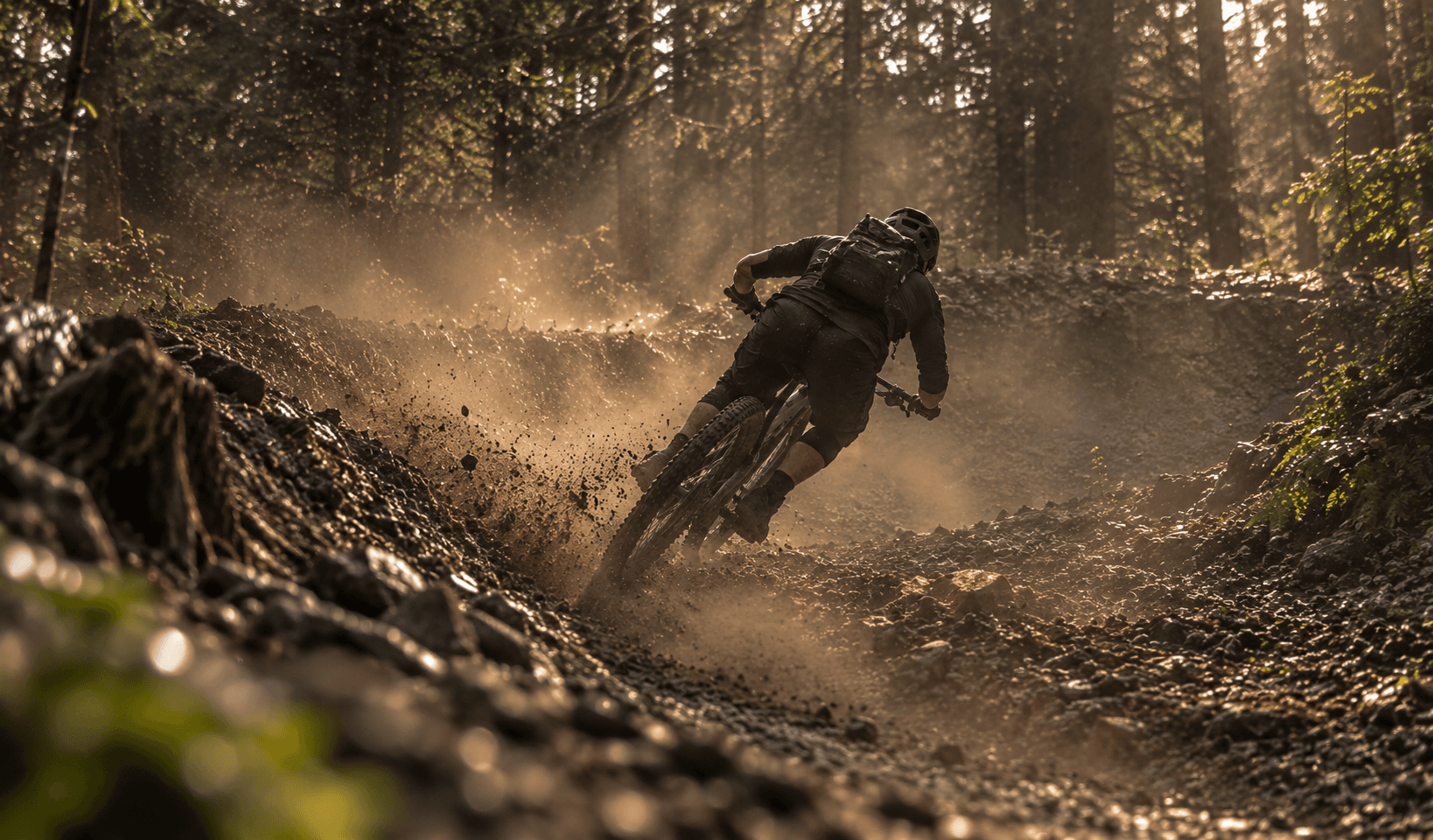 Mountain biker leaning hard into a dusty berm on a forest trail