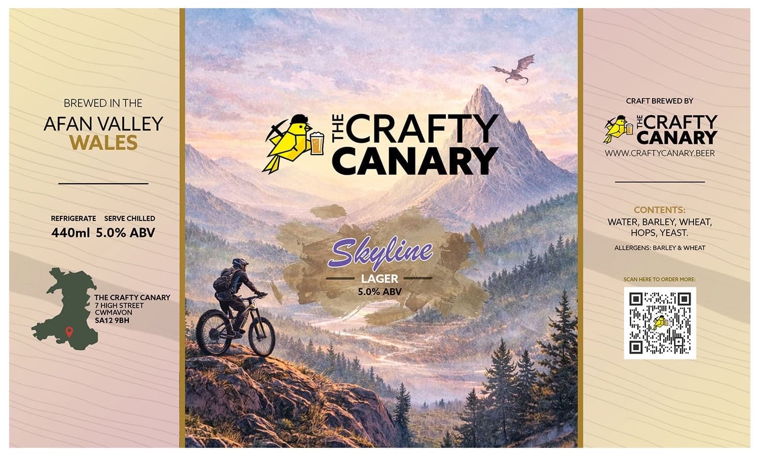 The full Skyline label artwork: a mountain biker on a rocky ridge above a misty valley