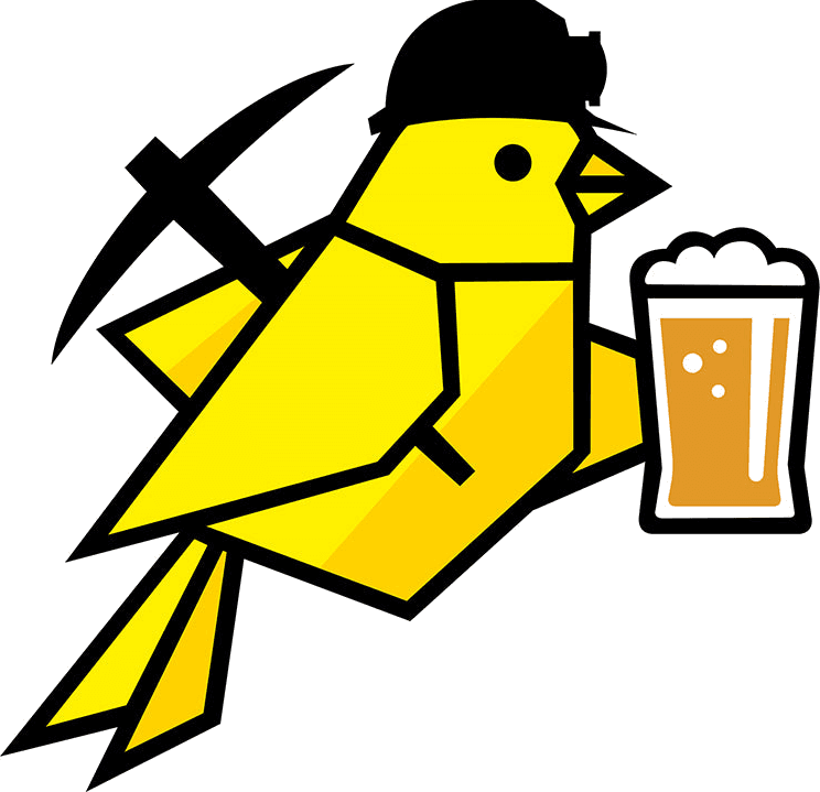 The Crafty Canary mark: a yellow canary in a miner's helmet, carrying a pickaxe and a pint