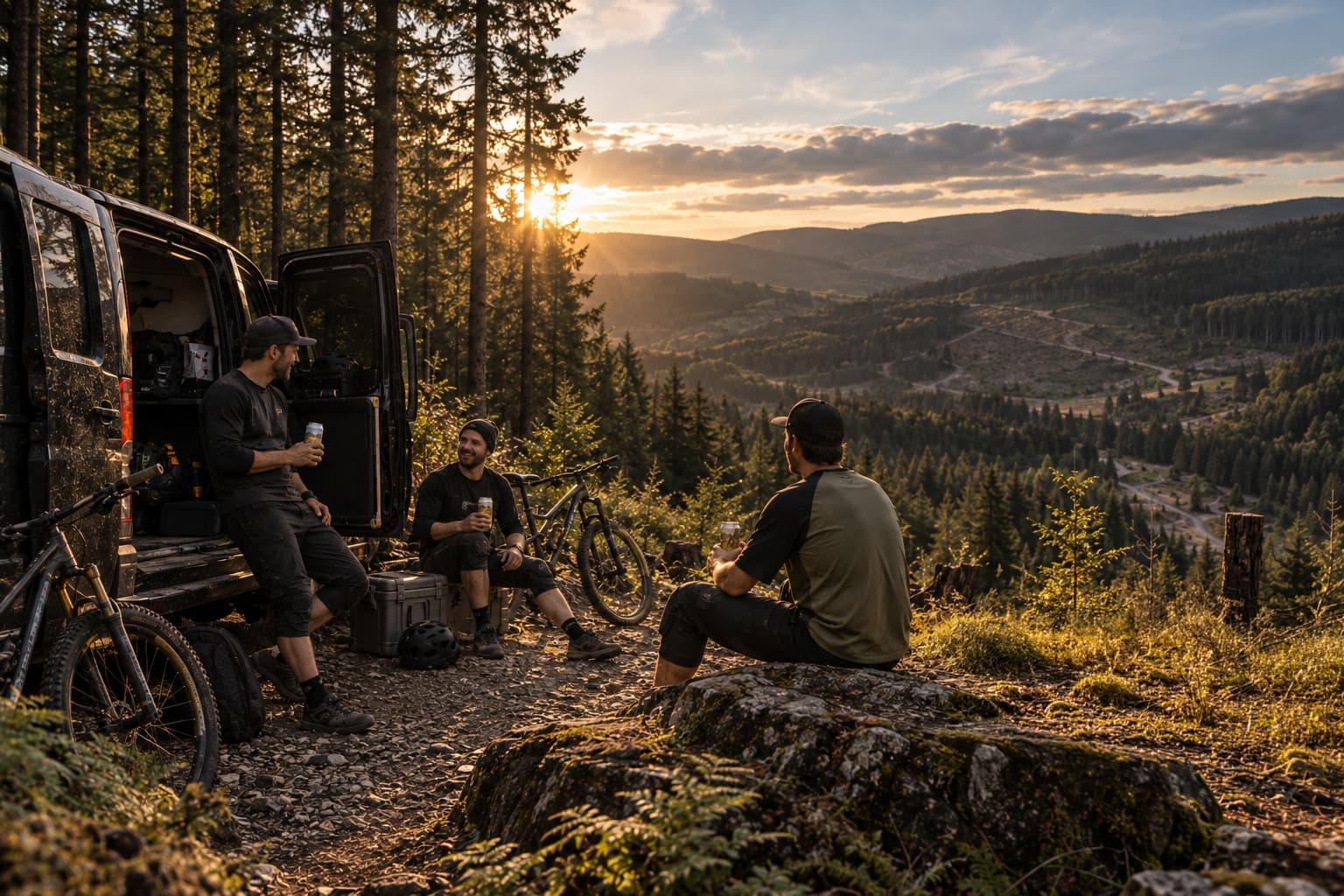 Three mountain bikers with cans of Crafty Canary at sunset, parked up above a forested valley